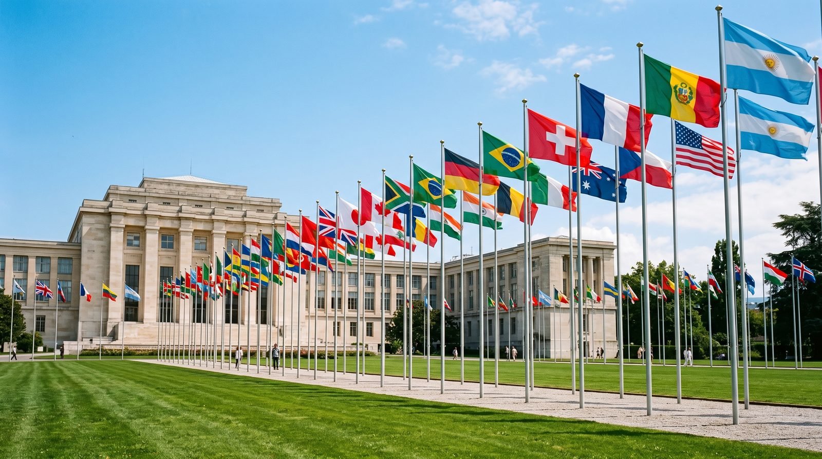 Flaggenreihe vor dem Palais des Nations in Genf