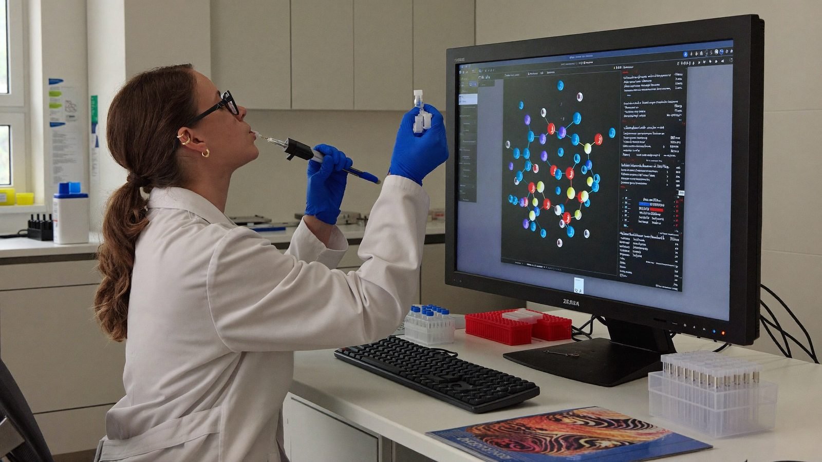 Wissenschaftlerin pipettiert Proben neben Monitor mit Molekülstrukturen