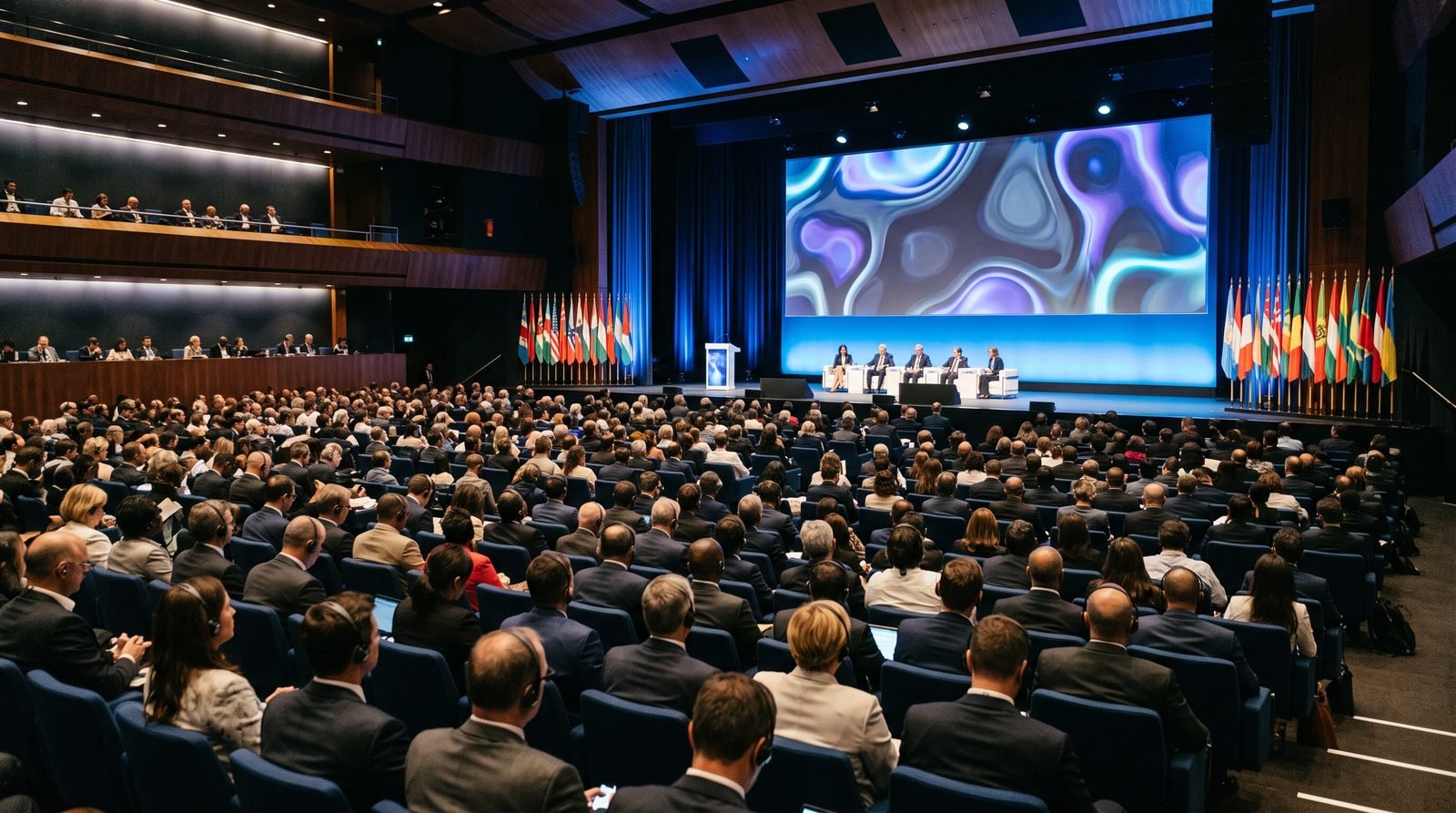 Konferenzsaal in Genf mit Delegierten, Bühne und Flaggen