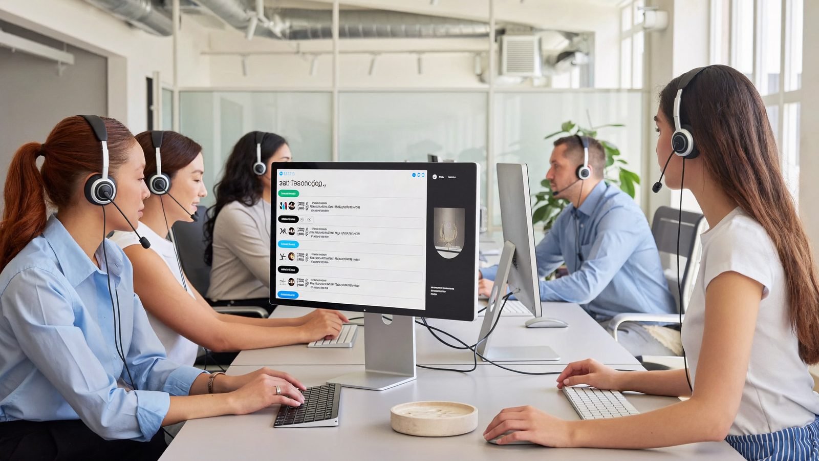 Kundendienst-Team mit Headsets an modernen Arbeitsplätzen