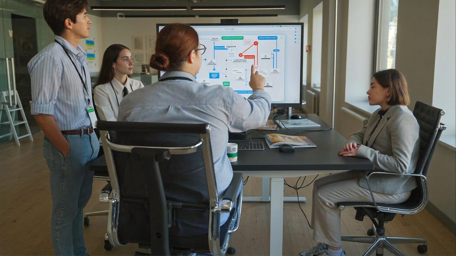 Team zeigt auf Monitor mit farbigem Ablaufdiagramm