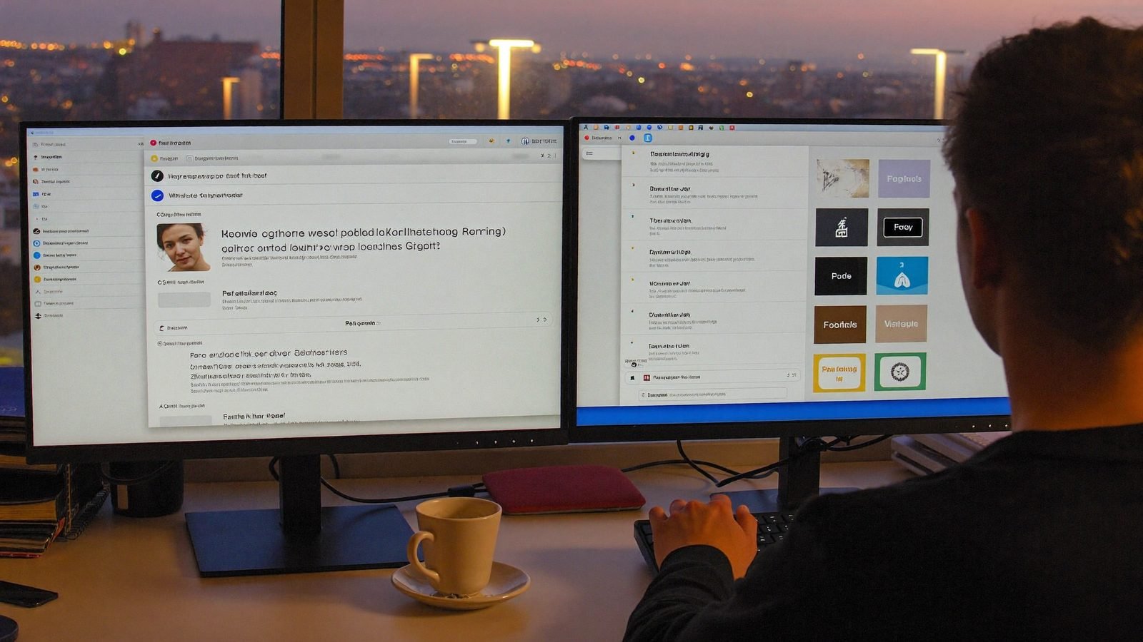 Zwei Monitore mit Suchoberflächen an einem aufgeräumten Arbeitsplatz