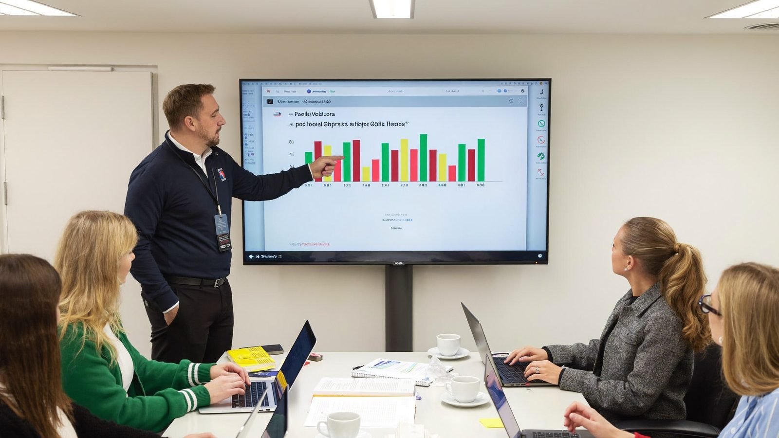 Trainer zeigt Team mit Laptops eine Präsentation am Bildschirm