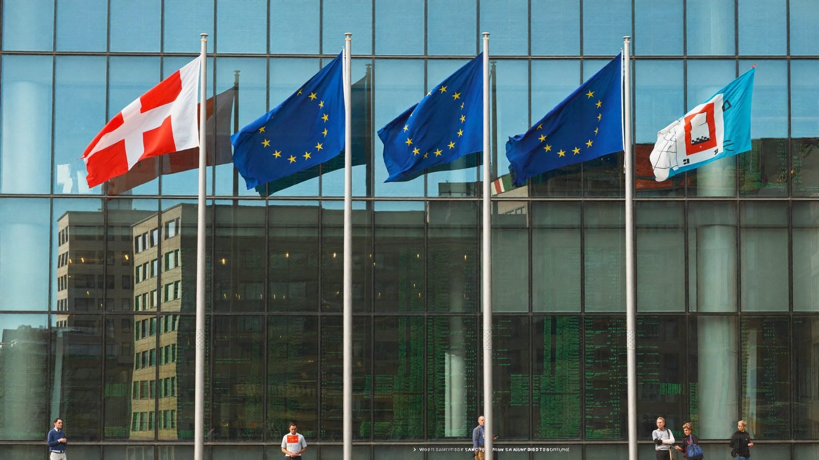 Europäische Flaggen vor modernem Glasbürogebäude