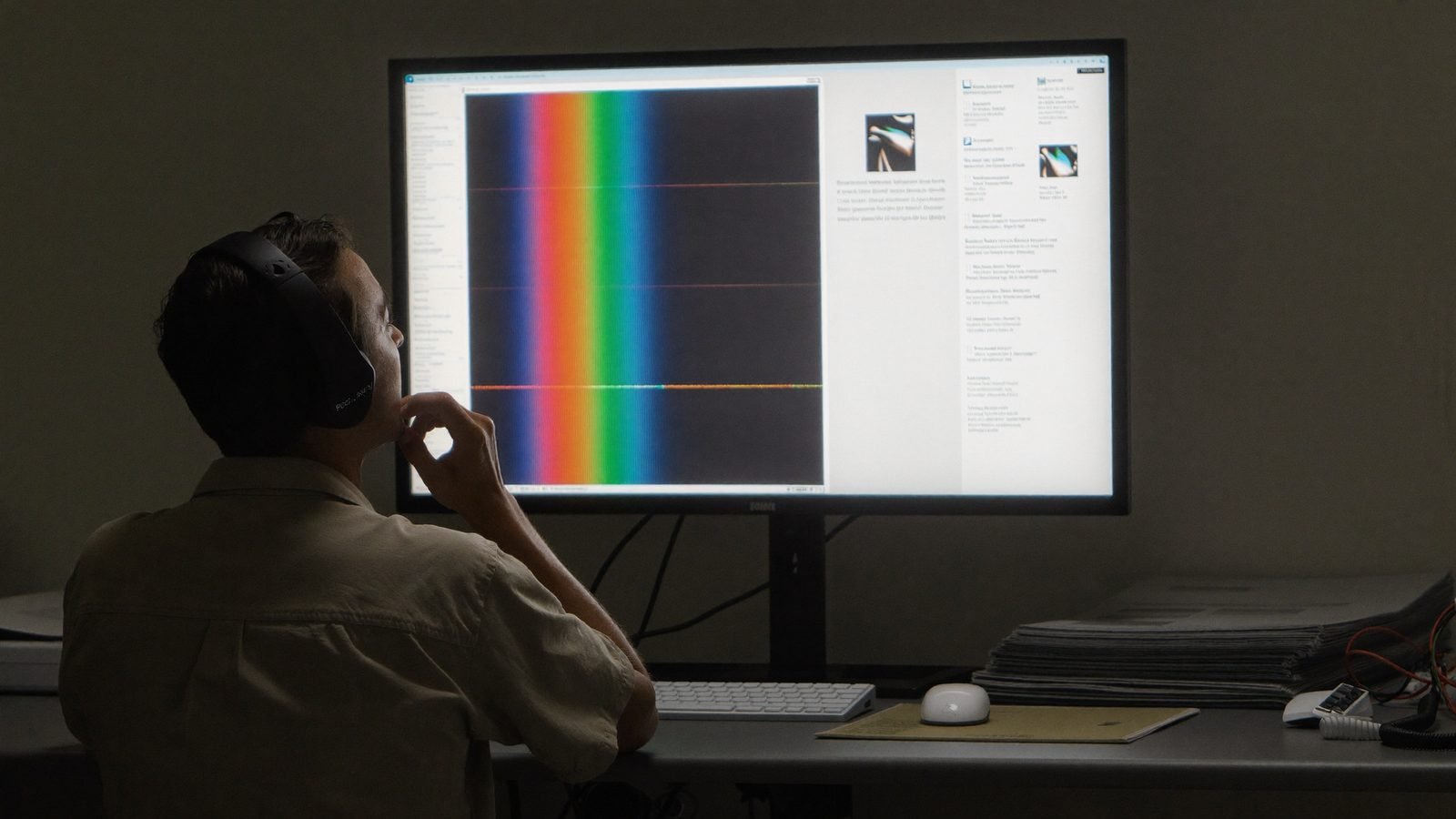 Forscher mit Kopfhörern analysiert Audio-Wellenform am Monitor