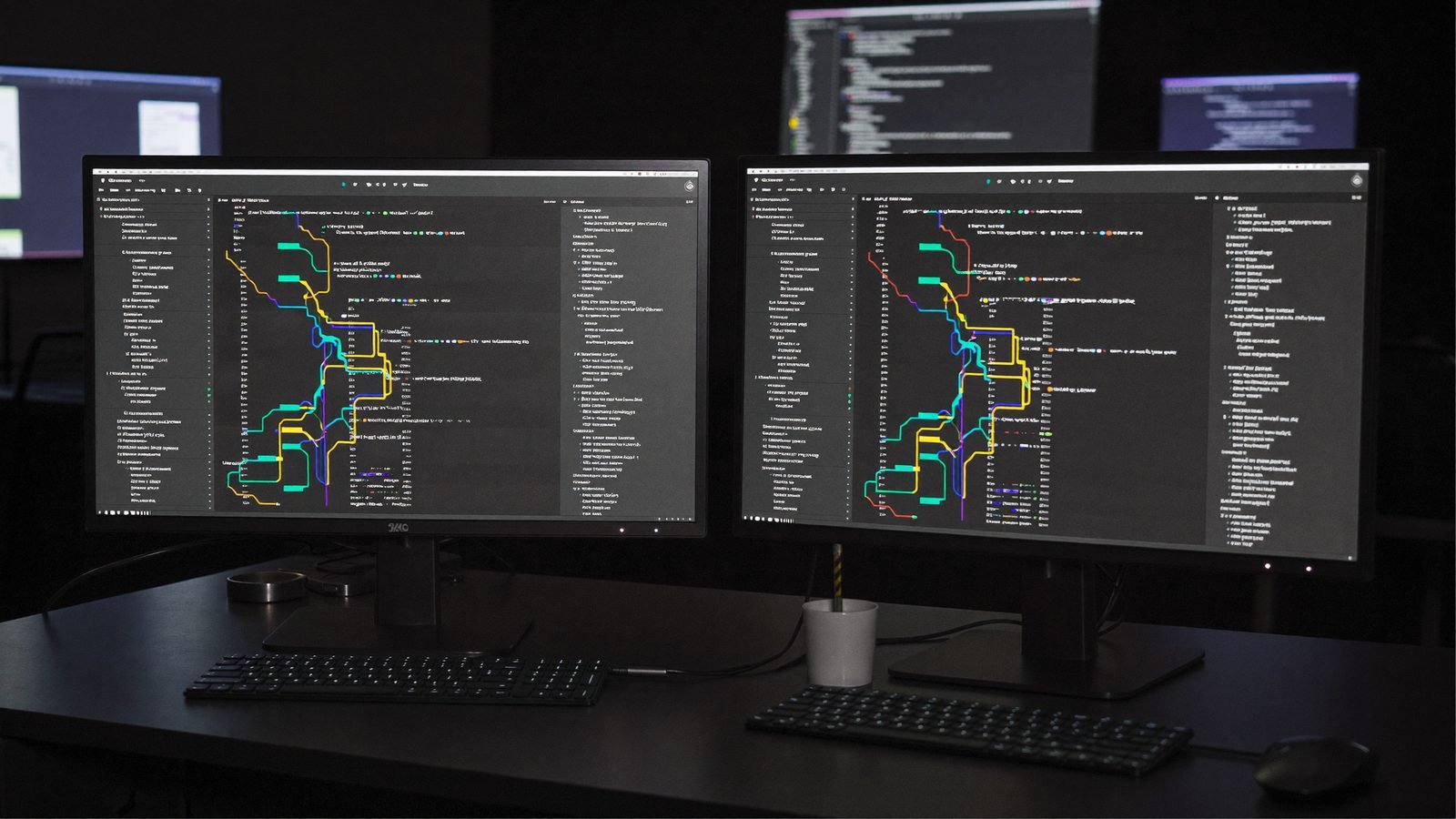 Entwickler-Arbeitsplatz mit Code-Editor und Agenten-Pipeline auf zwei Bildschirmen