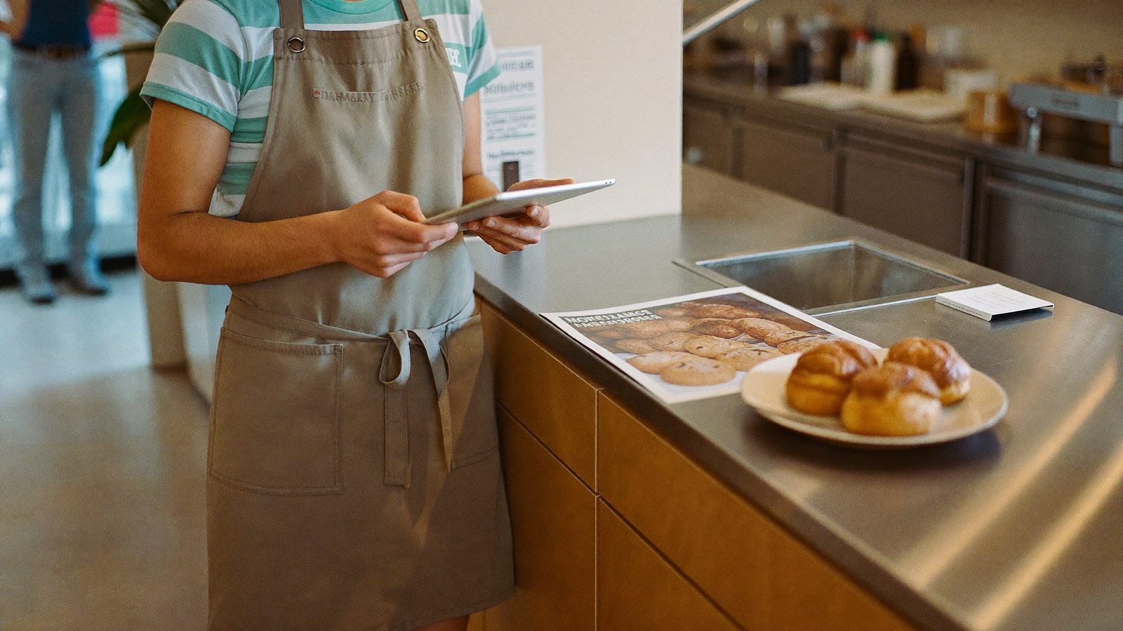 Café-Inhaberin nutzt ein Tablet am Tresen