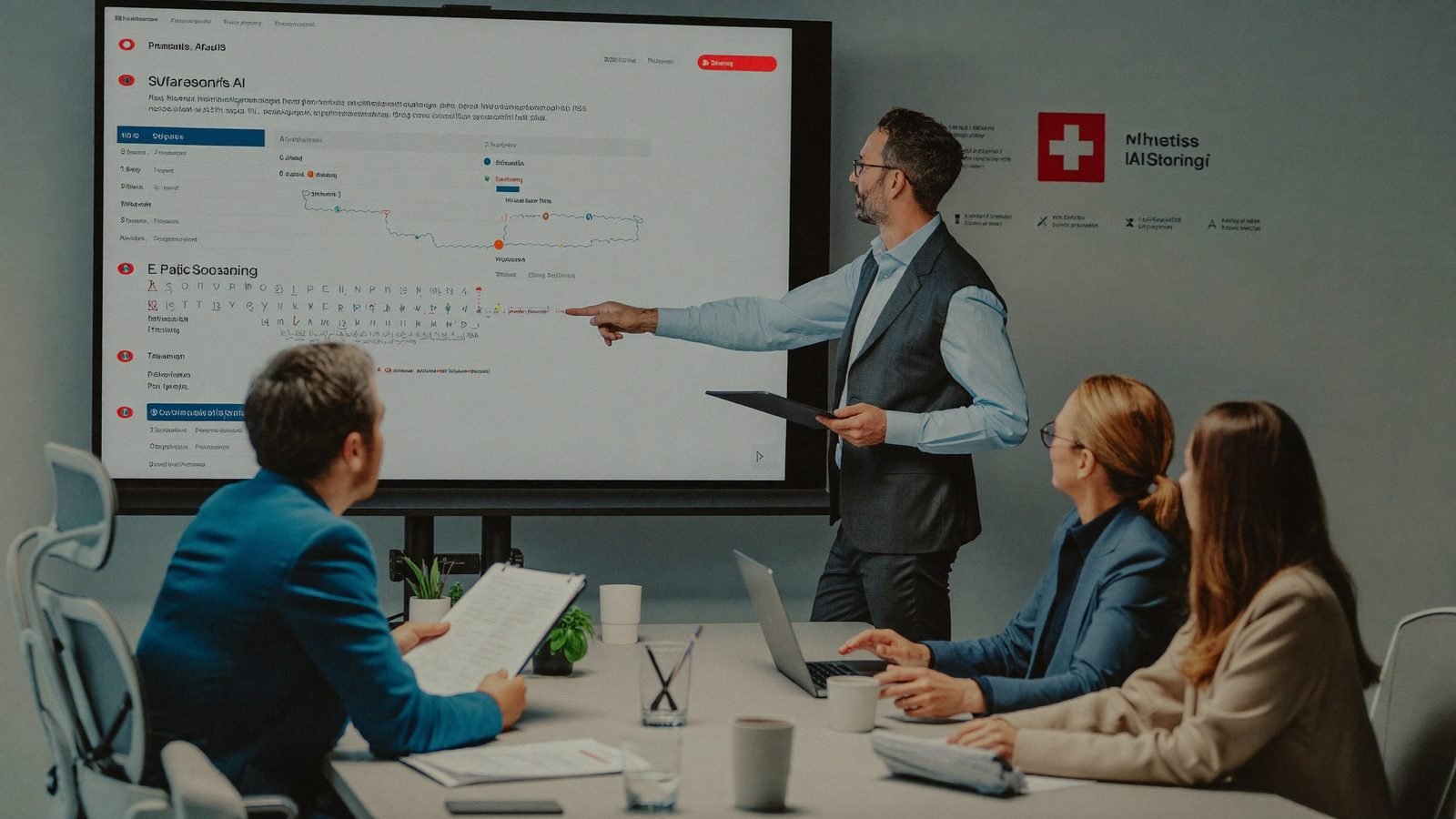 Business-Team vergleicht KI-Modell-Ausgaben auf grossem Bildschirm