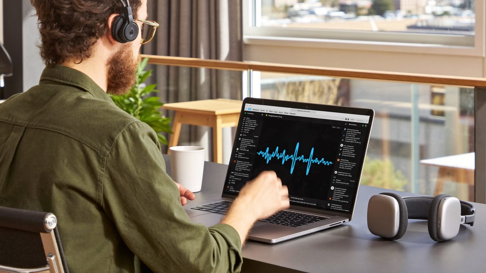 Person spricht mit Laptop, auf dem eine Audio-Wellenform läuft