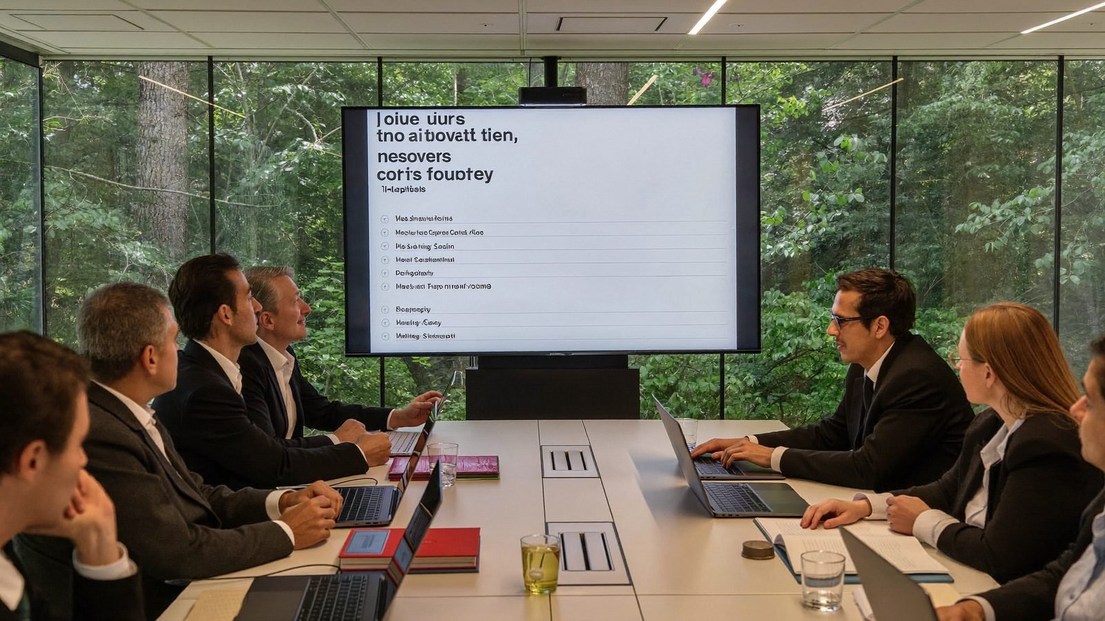 Juristen-Team bespricht Compliance-Checkliste am Bildschirm
