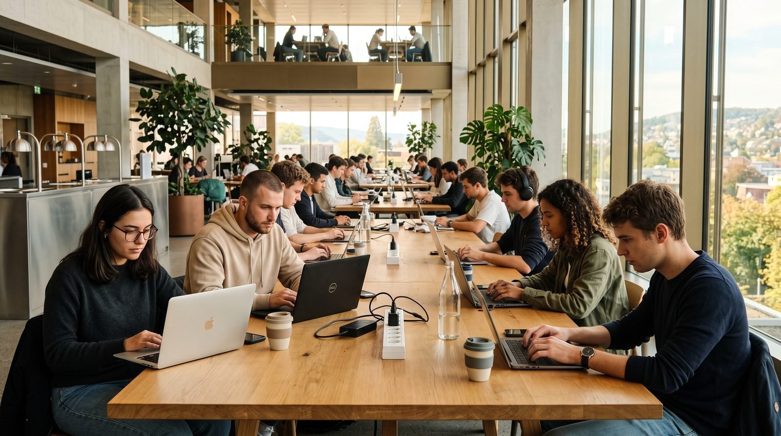 Studierende mit Laptops an Holztischen in einem hellen Lernraum