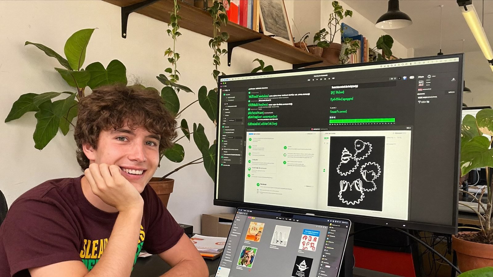 Entwickler mit Laptop und Dashboard-Monitor im begrünten Studio