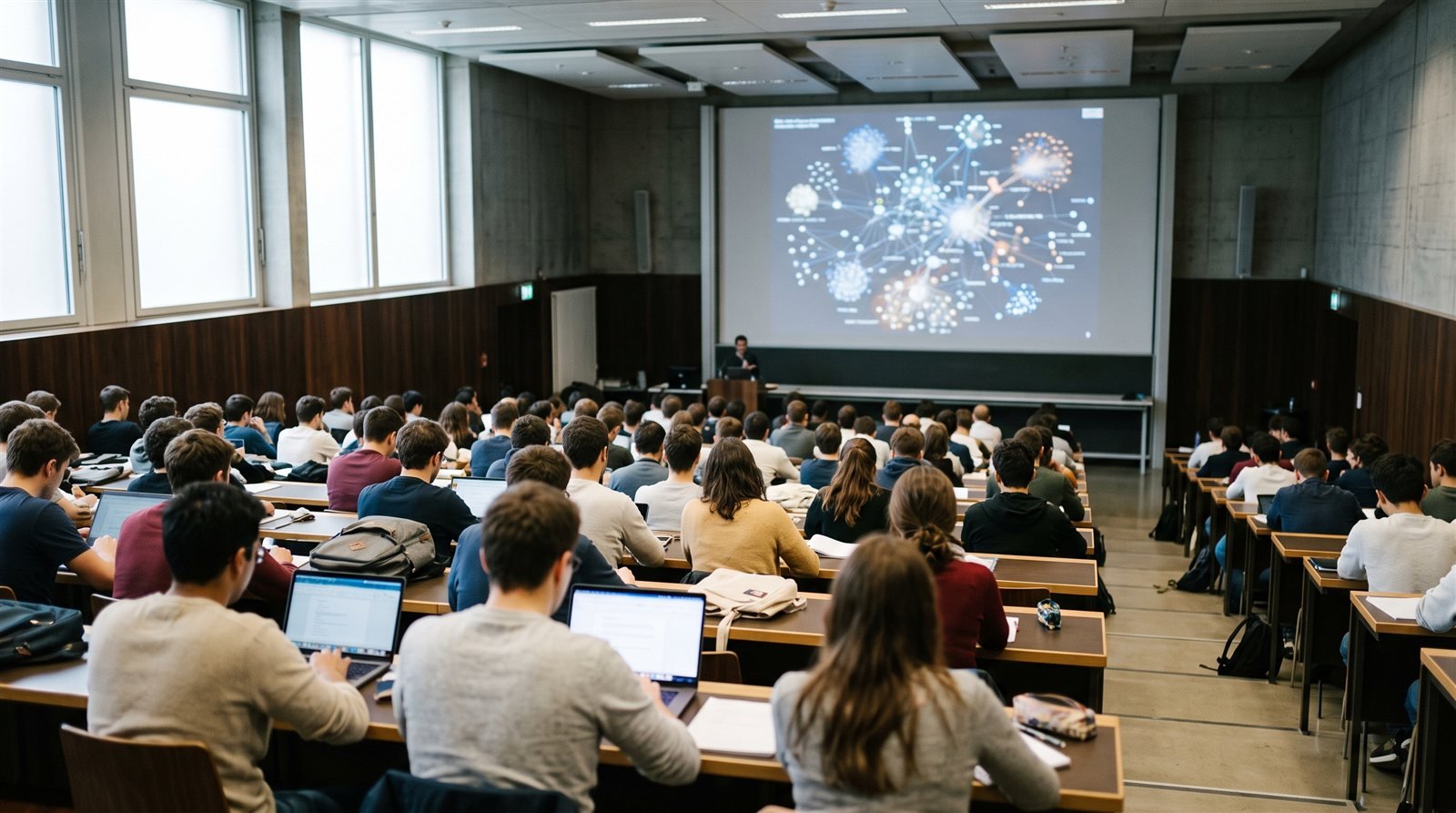 Hörsaal mit Studierenden vor einer Präsentationsleinwand
