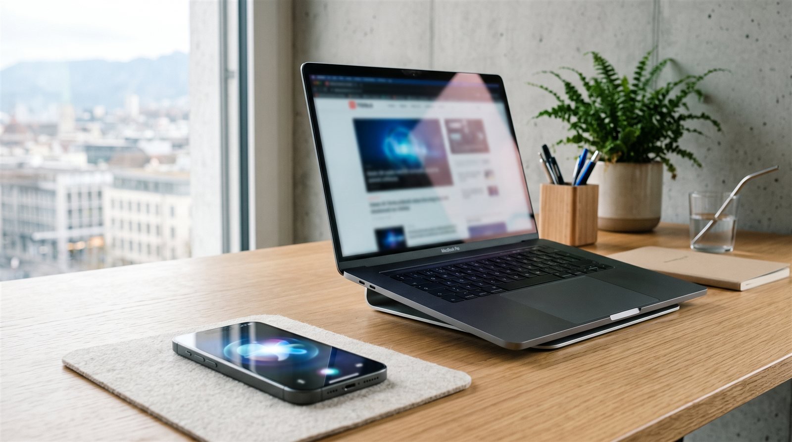 Smartphone mit Soundwellen-Symbol neben einem Laptop auf einem hellen Schreibtisch